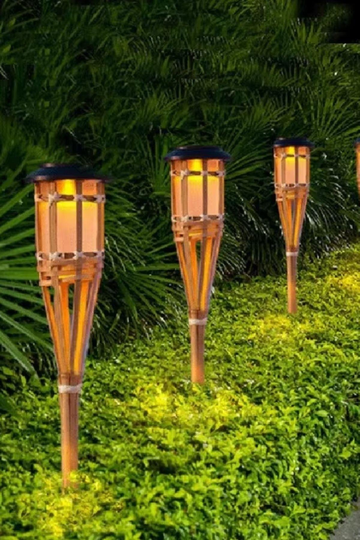 Gerçek Bambu Bahçe Aydınlatma Su Geçirmez Solar Bahçe Lambası Alev Efektli 60 cm
