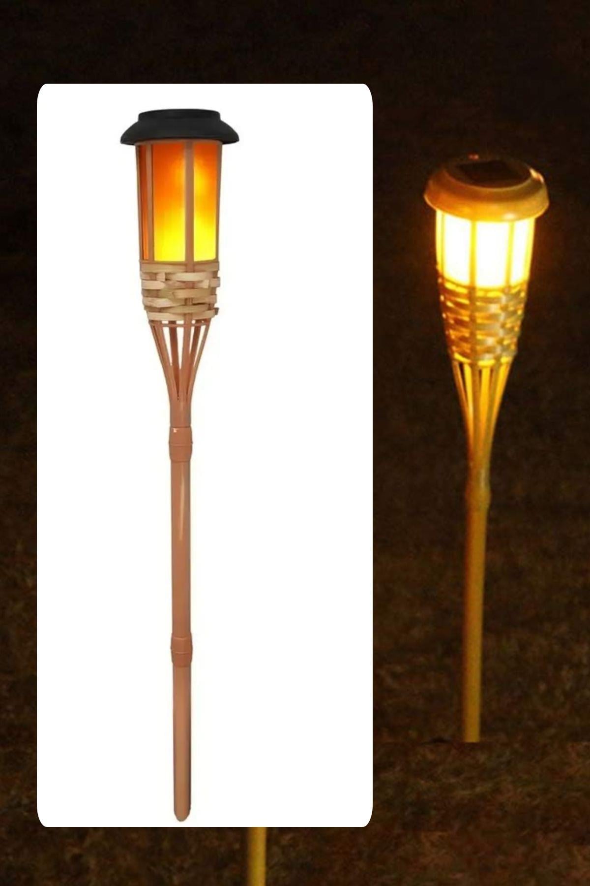 Gerçek Bambu Bahçe Aydınlatma Su Geçirmez Solar Bahçe Lambası Alev Efektli 60 cm