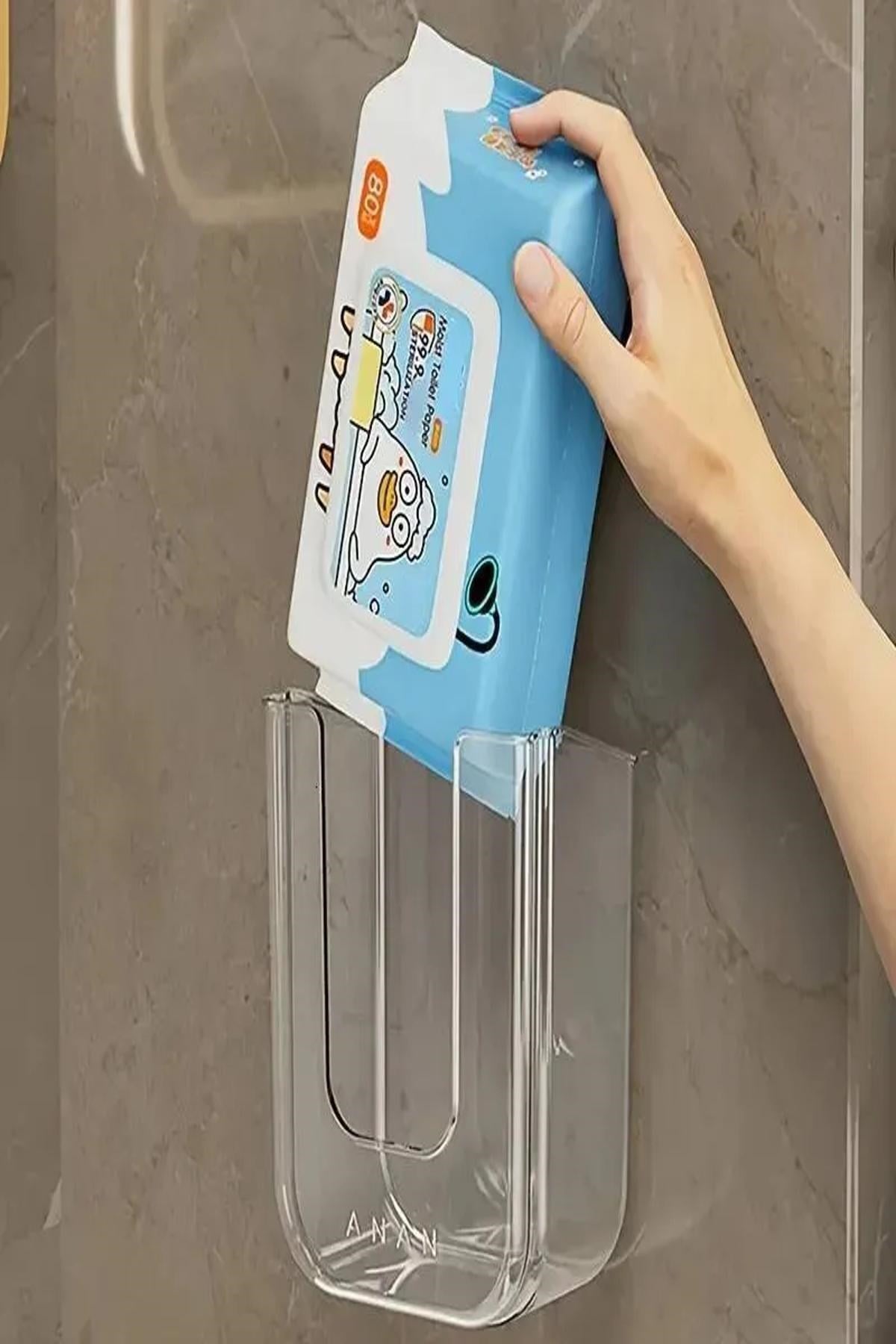 Islak Mendil Kutusu Duvara Monte Raf Yapışkanlı Banyo Mutfak Organizer Şeffaf