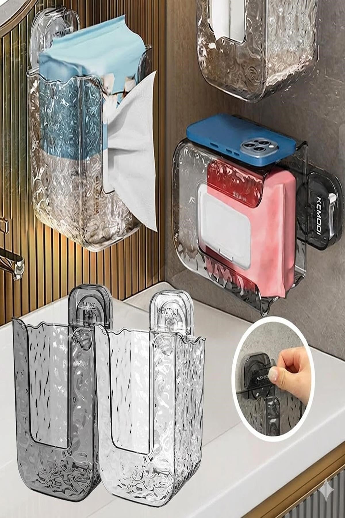 Islak Mendil Tutucu Raf Duvar Tipi Banyo Organizer Yapışkanlı Şeffaf Pratik Mendil Rafı