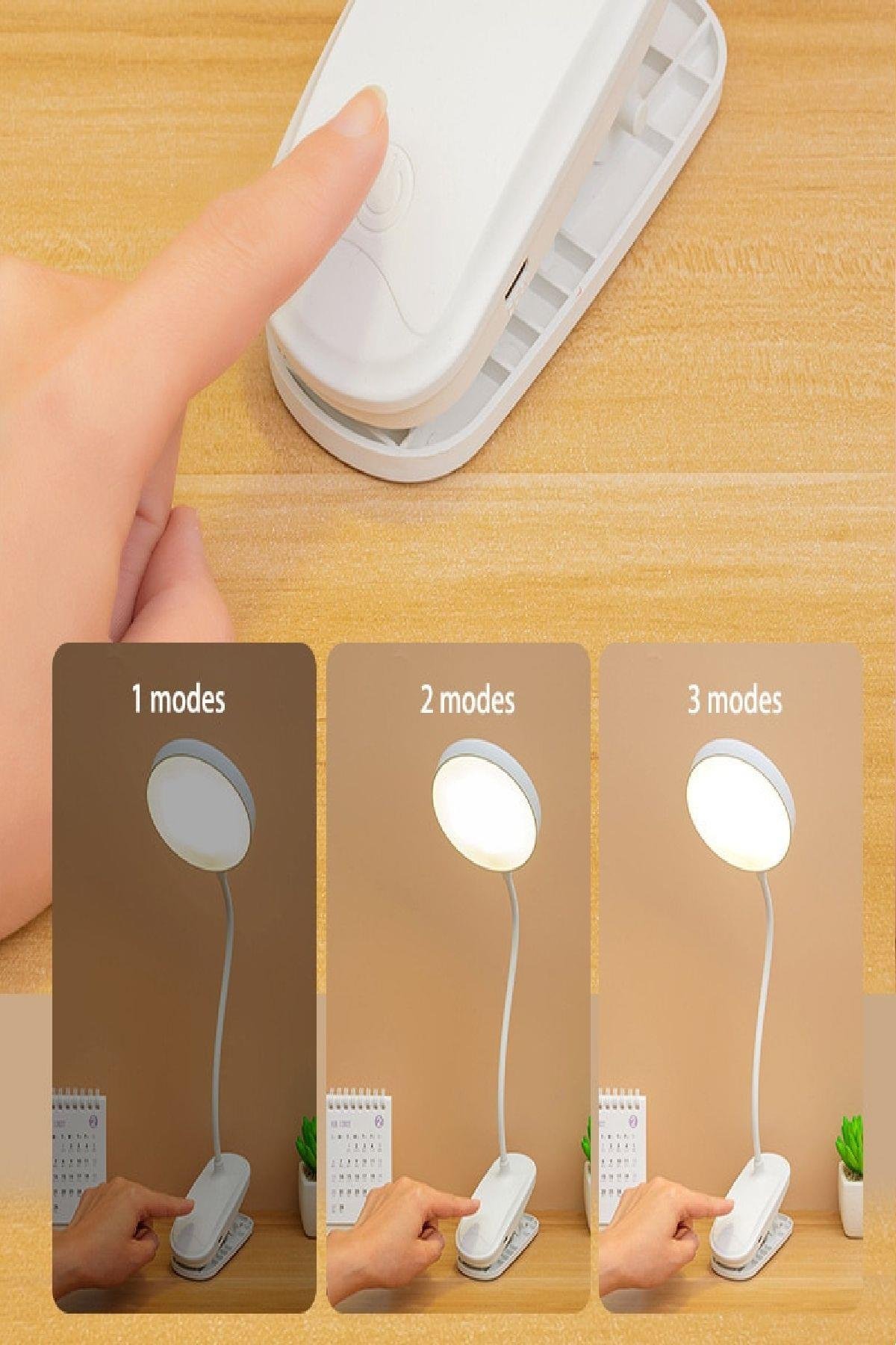 Şarjlı USB’li Dokunmatik 3 Modlu Klipsli Mandallı LED Okuma Lambası 360° Esnek Beyaz Göz Koruma