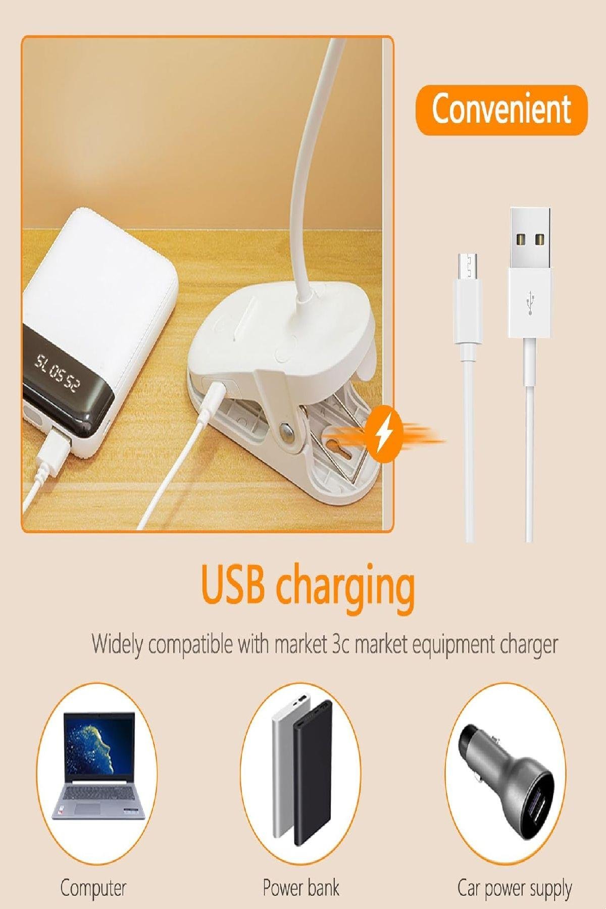 Şarjlı USB’li Dokunmatik 3 Modlu Klipsli Mandallı LED Okuma Lambası 360° Esnek Beyaz Göz Koruma