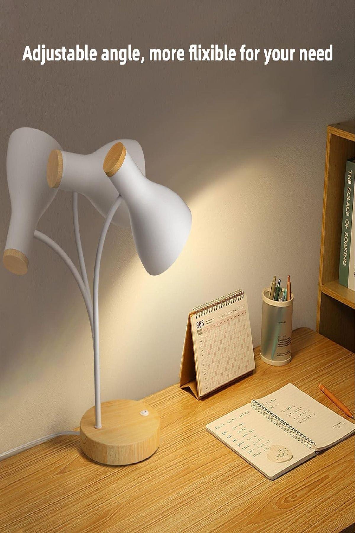 USB LED Masa Lambası Gri Ahşap Tabanlı Modern Dekoratif, Şık Esnek Boyunlu Ofis ve Çalışma Lambası