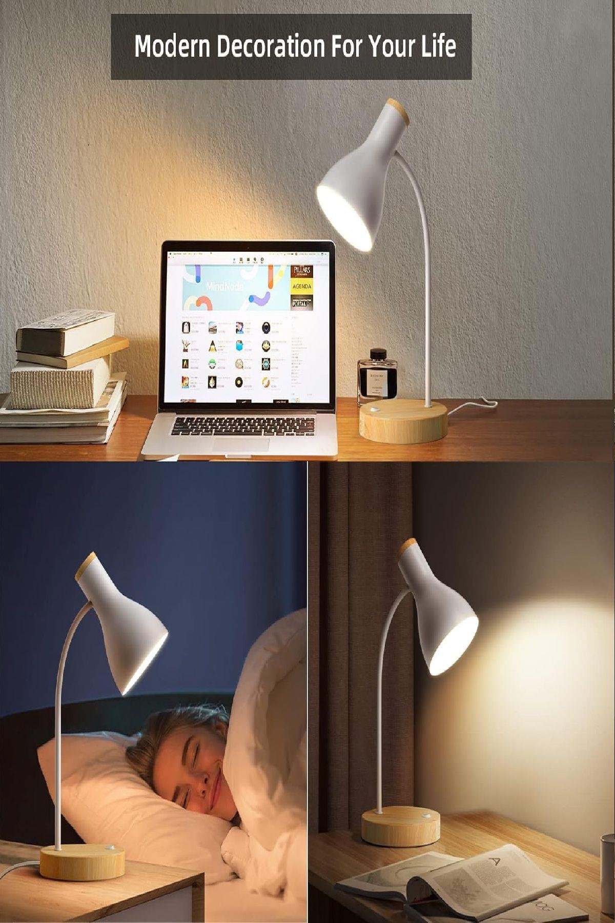 USB LED Masa Lambası Gri Ahşap Tabanlı Modern Dekoratif, Şık Esnek Boyunlu Ofis ve Çalışma Lambası