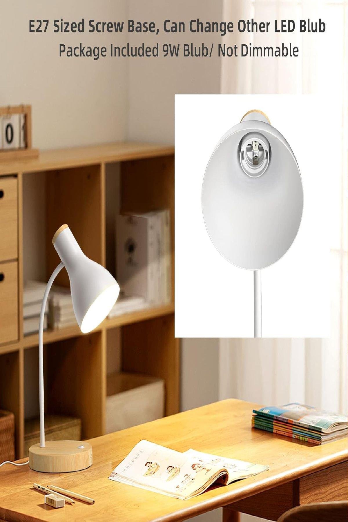 USB LED Masa Lambası Gri Ahşap Tabanlı Modern Dekoratif, Şık Esnek Boyunlu Ofis ve Çalışma Lambası