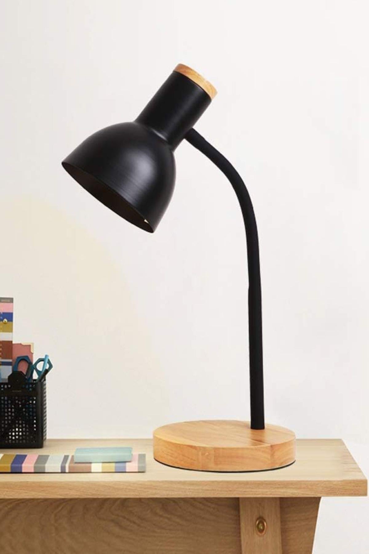 USB LED Masa Lambası siyah Ahşap Tabanlı Modern Dekoratif, Şık Esnek Boyunlu Ofis ve Çalışma Lambası