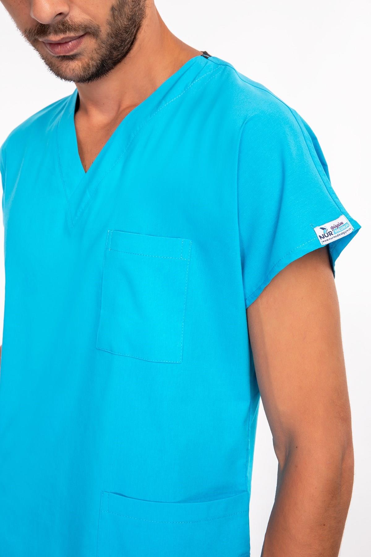  Unisex Gökyüzü Mavisi Likralı Doktor Hemşire Cerrahi Scrubs Tek Üst Forma-Nur Medikal Giyim