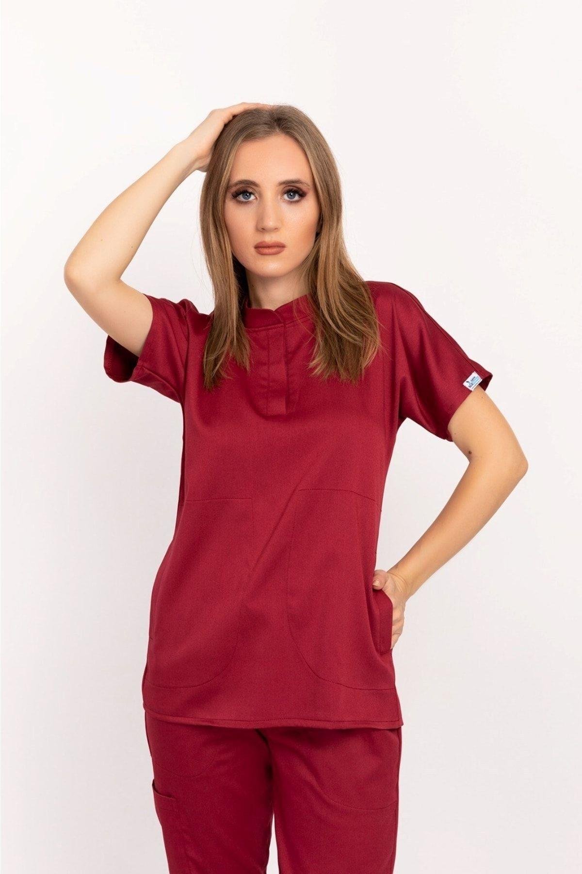 Açık Bordo Renk Çağla Model Elit Likra Hakim Yaka Çıt Çıtlı Doktor Hemşire Üniforma Takım-Nur Medikal Giyim