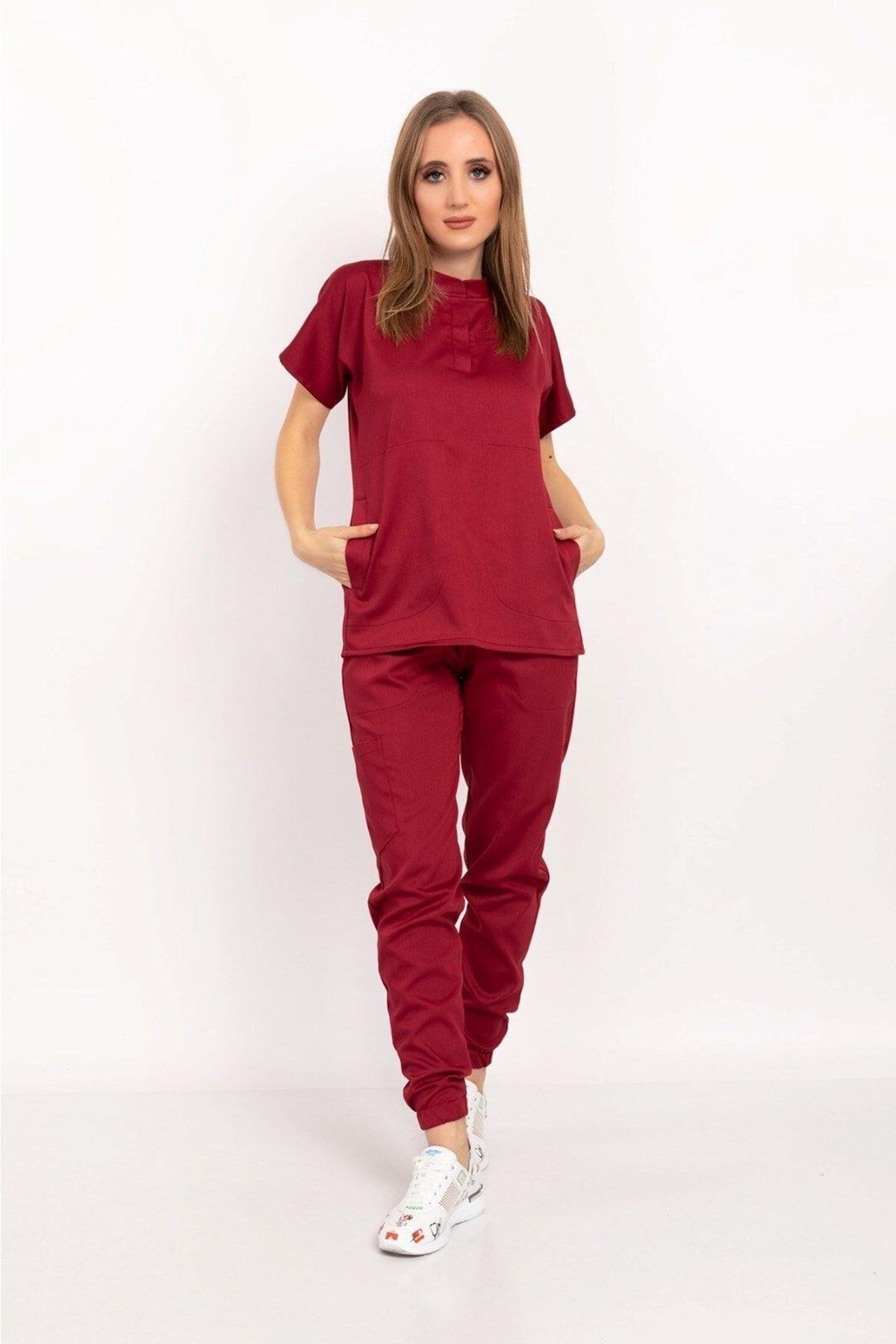Açık Bordo Renk Çağla Model Elit Likra Hakim Yaka Çıt Çıtlı Doktor Hemşire Üniforma Takım-Nur Medikal Giyim
