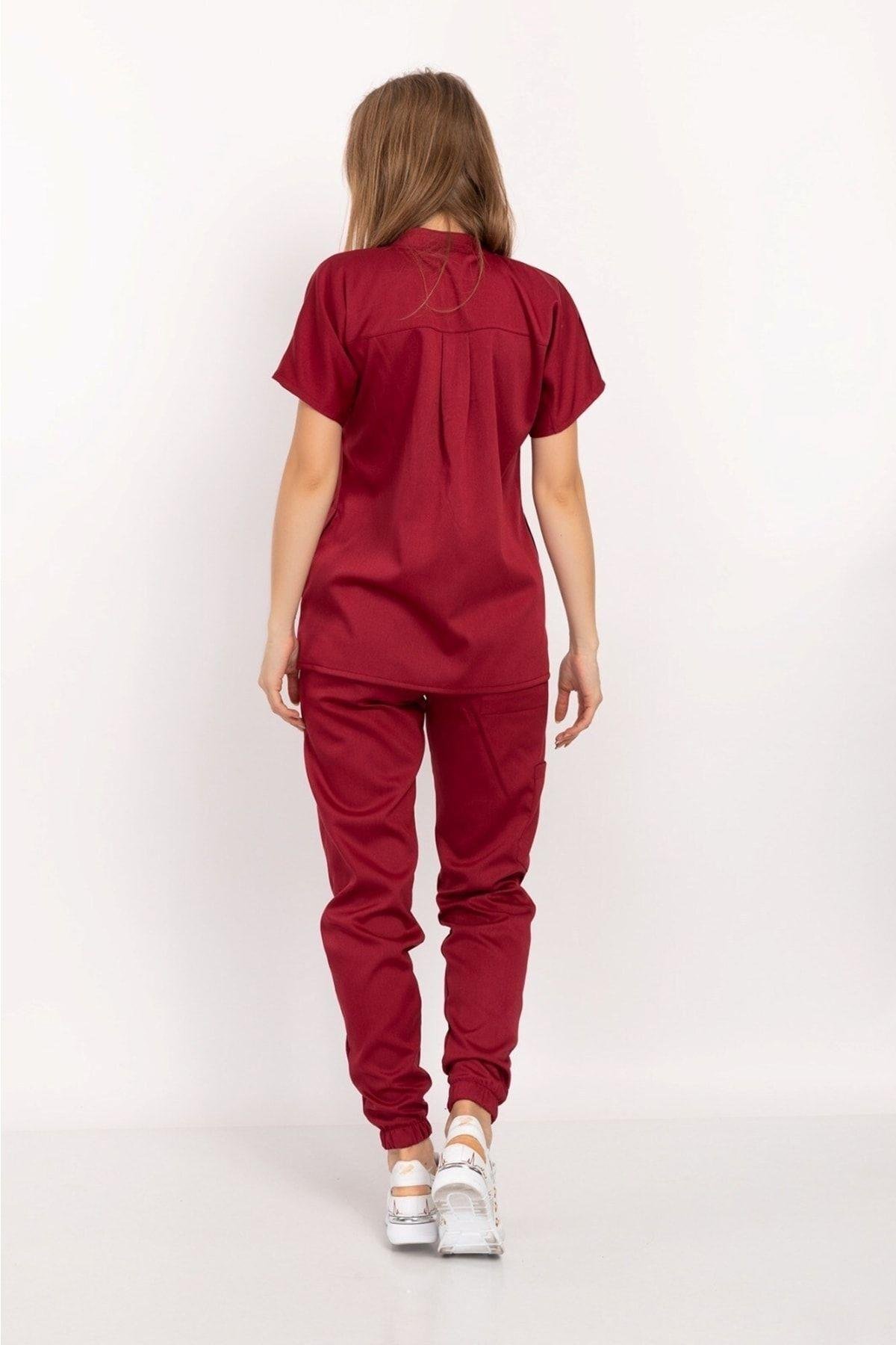 Açık Bordo Renk Çağla Model Elit Likra Hakim Yaka Çıt Çıtlı Doktor Hemşire Üniforma Takım-Nur Medikal Giyim