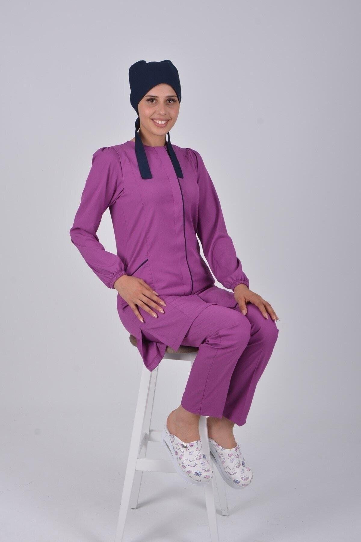 Açık Mor Soft Likra Hemşire Doktor Tesettür Alt Üst Takım Üniforma-Nur Medikal Giyim