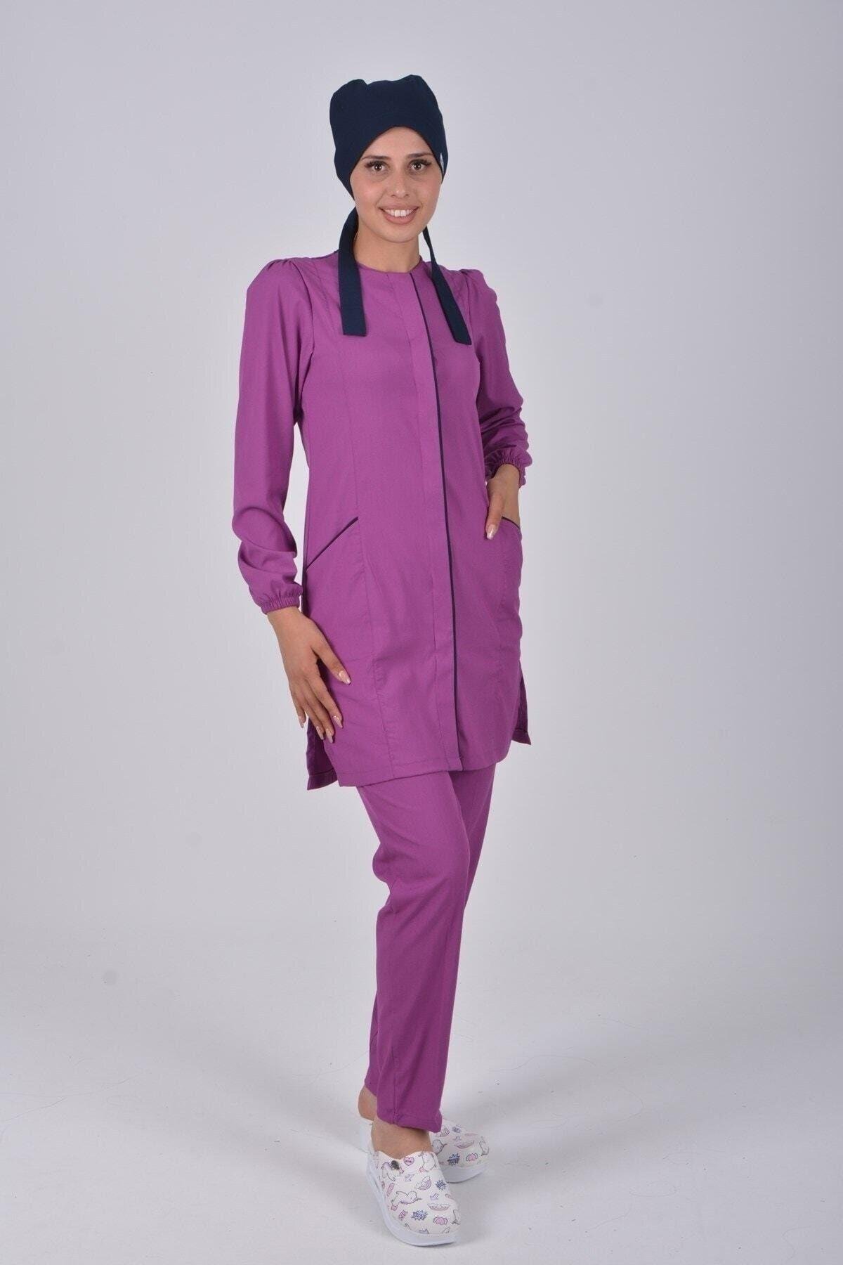 Açık Mor Soft Likra Hemşire Doktor Tesettür Alt Üst Takım Üniforma-Nur Medikal Giyim