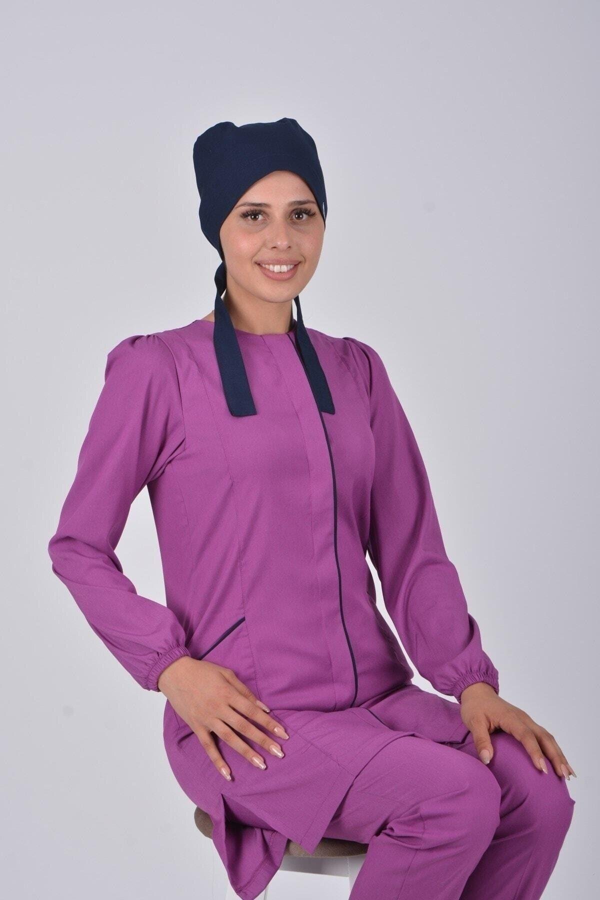 Açık Mor Soft Likra Hemşire Doktor Tesettür Alt Üst Takım Üniforma-Nur Medikal Giyim
