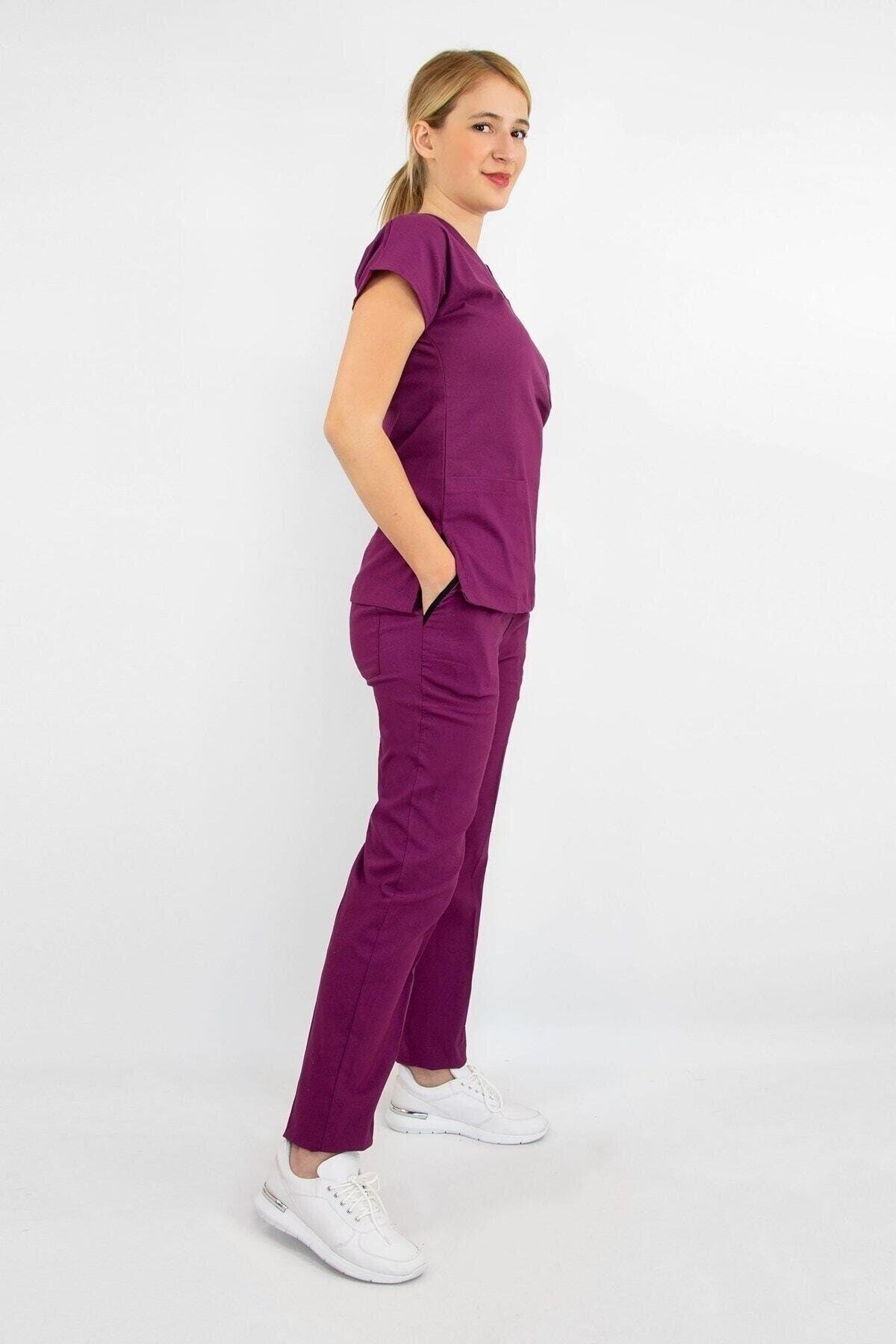 Açık Mürdüm Likralı Alt Üst Takım-Nur Medikal Giyim