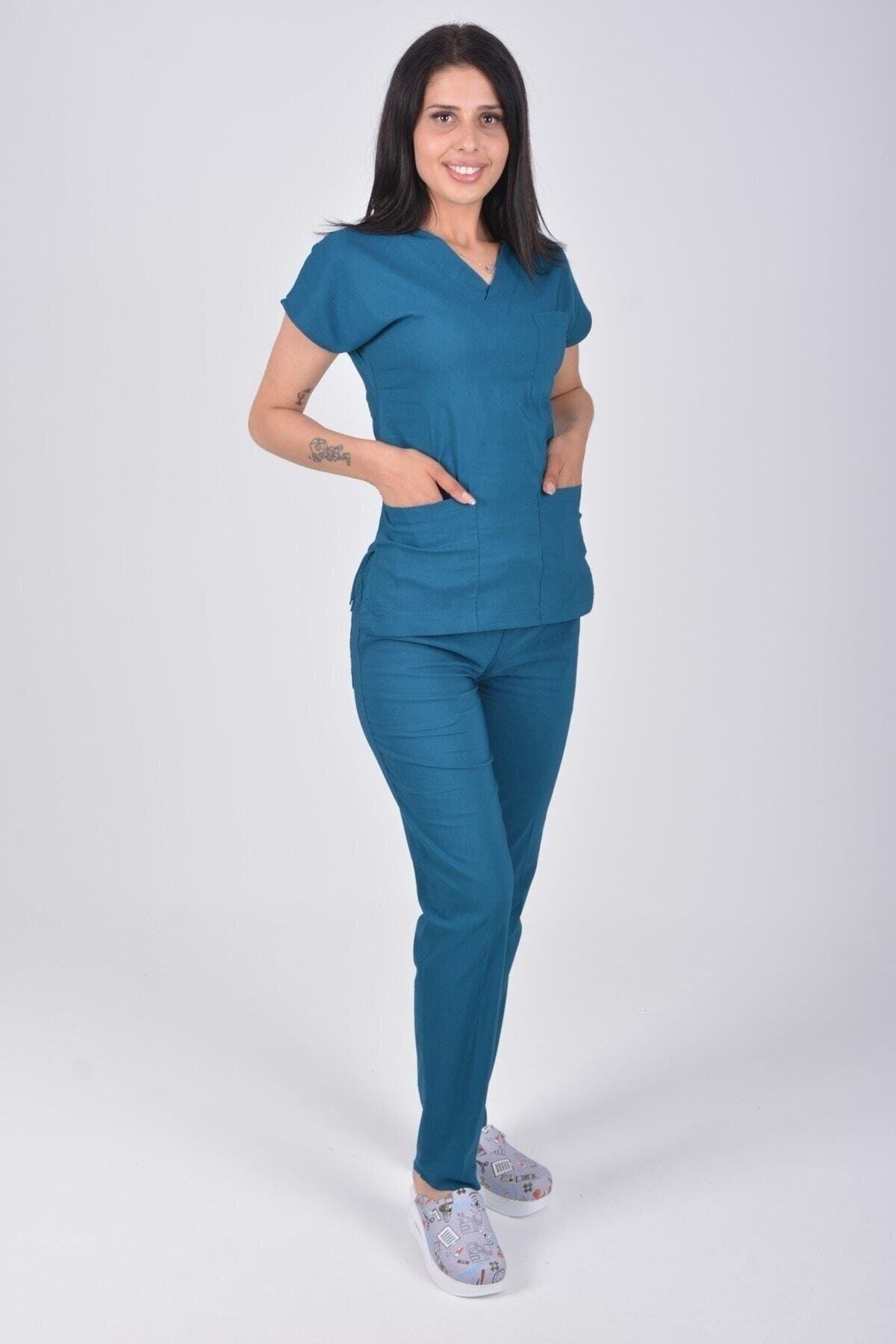 Açık Petrol Mavi Likralı Cerrahi Takım-Nur Medikal Giyim