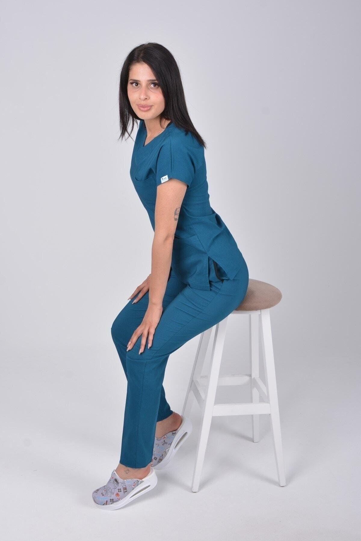 Açık Petrol Mavi Likralı Cerrahi Takım-Nur Medikal Giyim