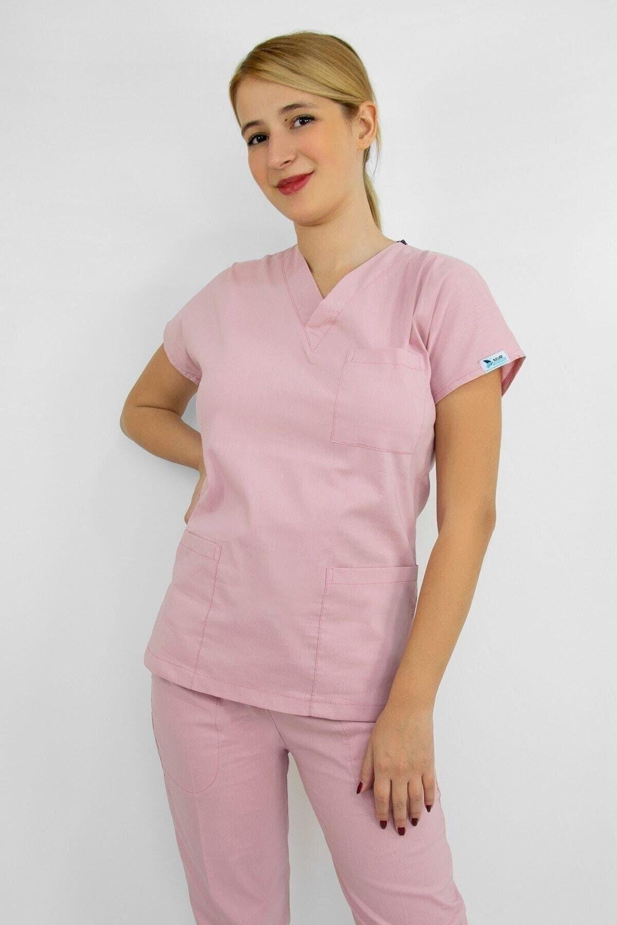 Açık Pudra Likralı Üst Forma-Nur Medikal Giyim