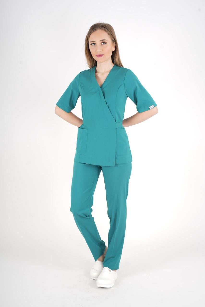 Ameliyat Yeşili Elegant Model Cerrahi Üniforma Belden Bağlamalı Scrubs Takım-Nur Medikal Giyim