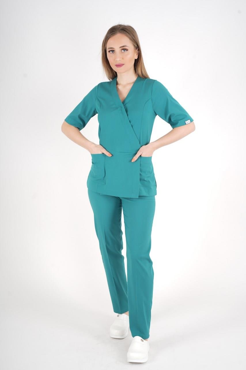 Ameliyat Yeşili Elegant Model Cerrahi Üniforma Belden Bağlamalı Scrubs Takım-Nur Medikal Giyim