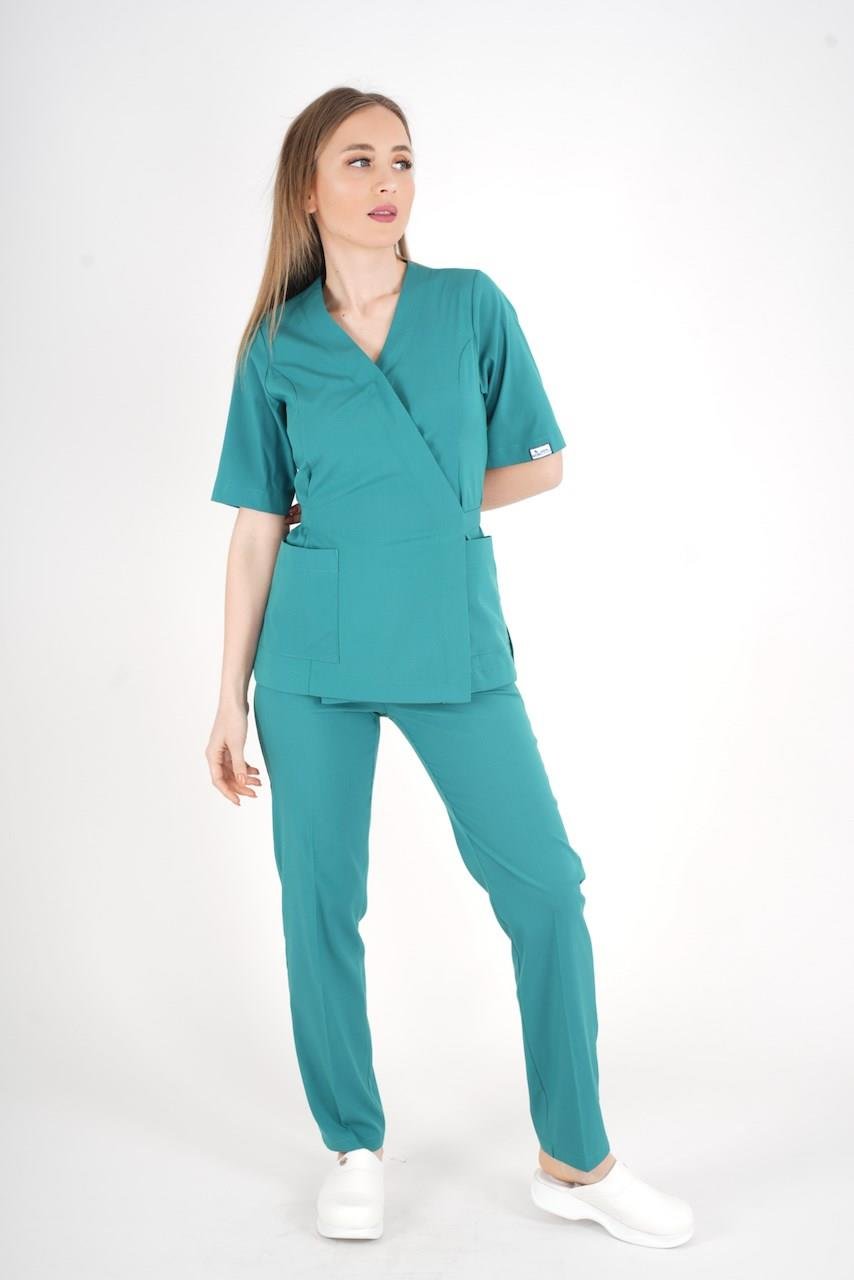 Ameliyat Yeşili Elegant Model Cerrahi Üniforma Belden Bağlamalı Scrubs Takım-Nur Medikal Giyim
