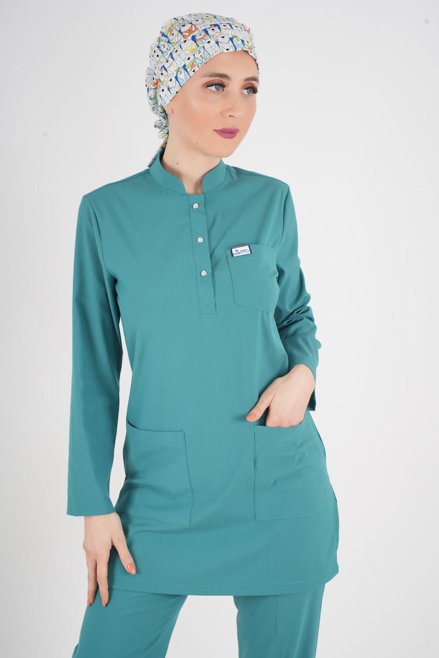 Ameliyat Yeşili Renk Sakura Model Tesettür Doktor Hemşire Scrubs Üniforma Takımı-Nur Medikal Giyim