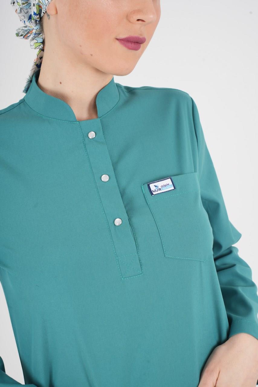 Ameliyat Yeşili Renk Sakura Model Tesettür Doktor Hemşire Scrubs Üniforma Takımı-Nur Medikal Giyim