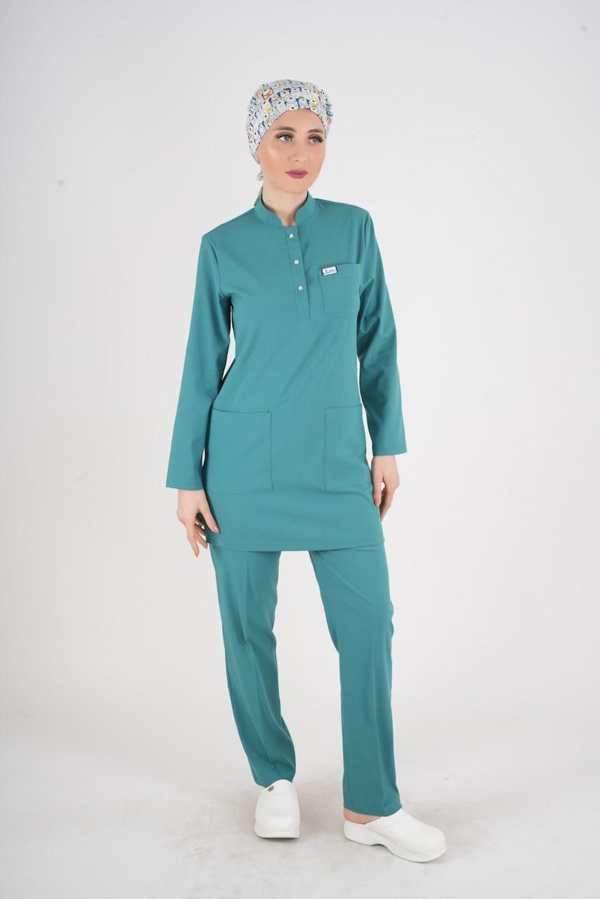 Ameliyat Yeşili Renk Sakura Model Tesettür Doktor Hemşire Scrubs Üniforma Takımı-Nur Medikal Giyim