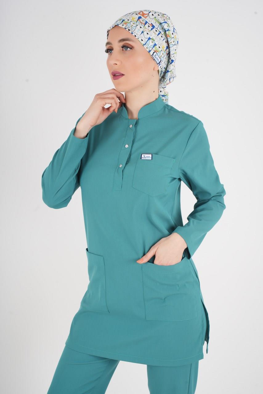 Ameliyat Yeşili Renk Sakura Model Tesettür Doktor Hemşire Scrubs Üniforma Takımı-Nur Medikal Giyim
