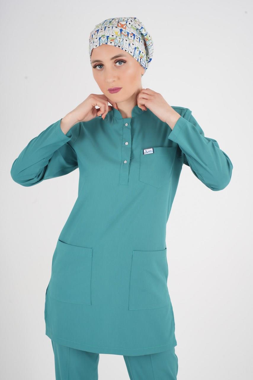 Ameliyat Yeşili Renk Sakura Model Tesettür Doktor Hemşire Scrubs Üniforma Takımı-Nur Medikal Giyim