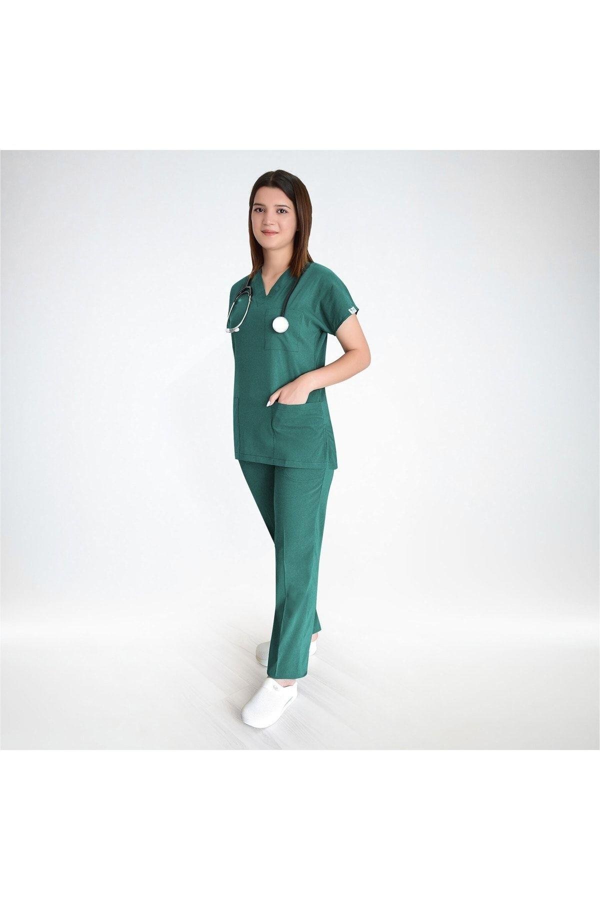 Ameliyat Yeşili Soft Likra Hemşire Hastane Doktor Cerrahi Takım Üniforma-Nur Medikal Giyim
