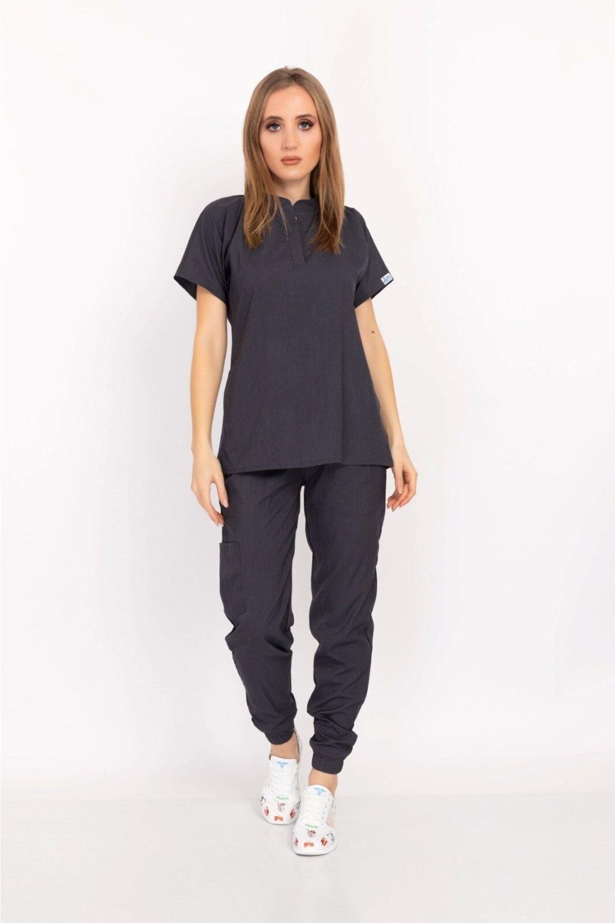 Antrasit Renk Çağla Model Elit Likra Hakim Yaka Çıt Çıtlı Doktor Hemşire Üniforma Takım-Nur Medikal Giyim