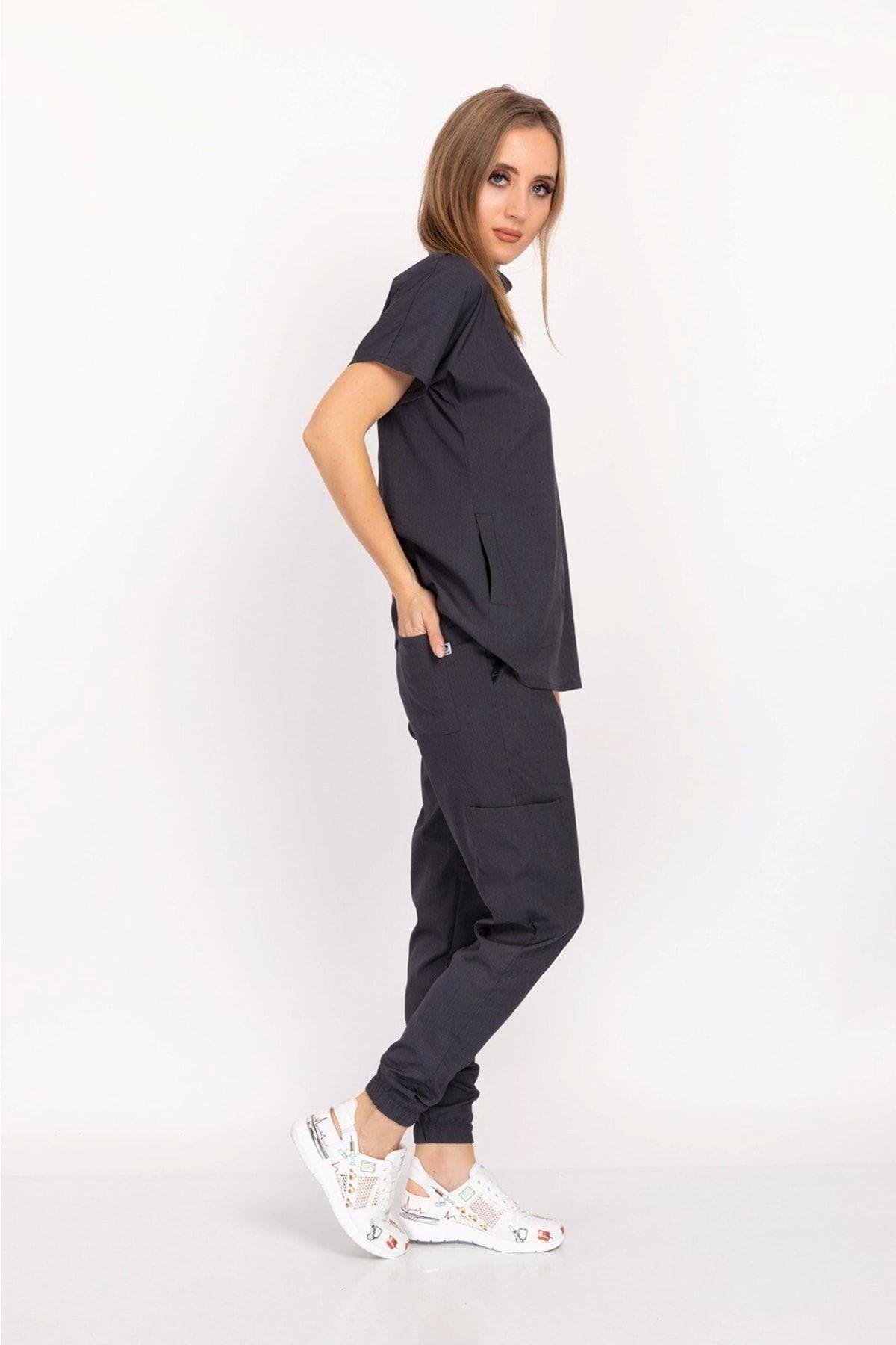Antrasit Renk Çağla Model Elit Likra Hakim Yaka Çıt Çıtlı Doktor Hemşire Üniforma Takım-Nur Medikal Giyim