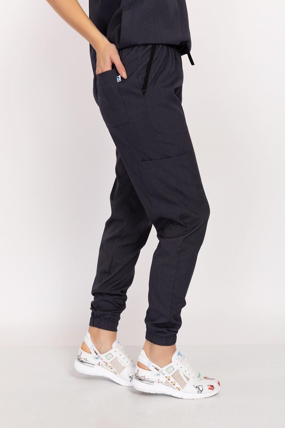 Antrasit Renk Çağla Model Elit Likra Hakim Yaka Çıt Çıtlı Doktor Hemşire Üniforma Takım-Nur Medikal Giyim