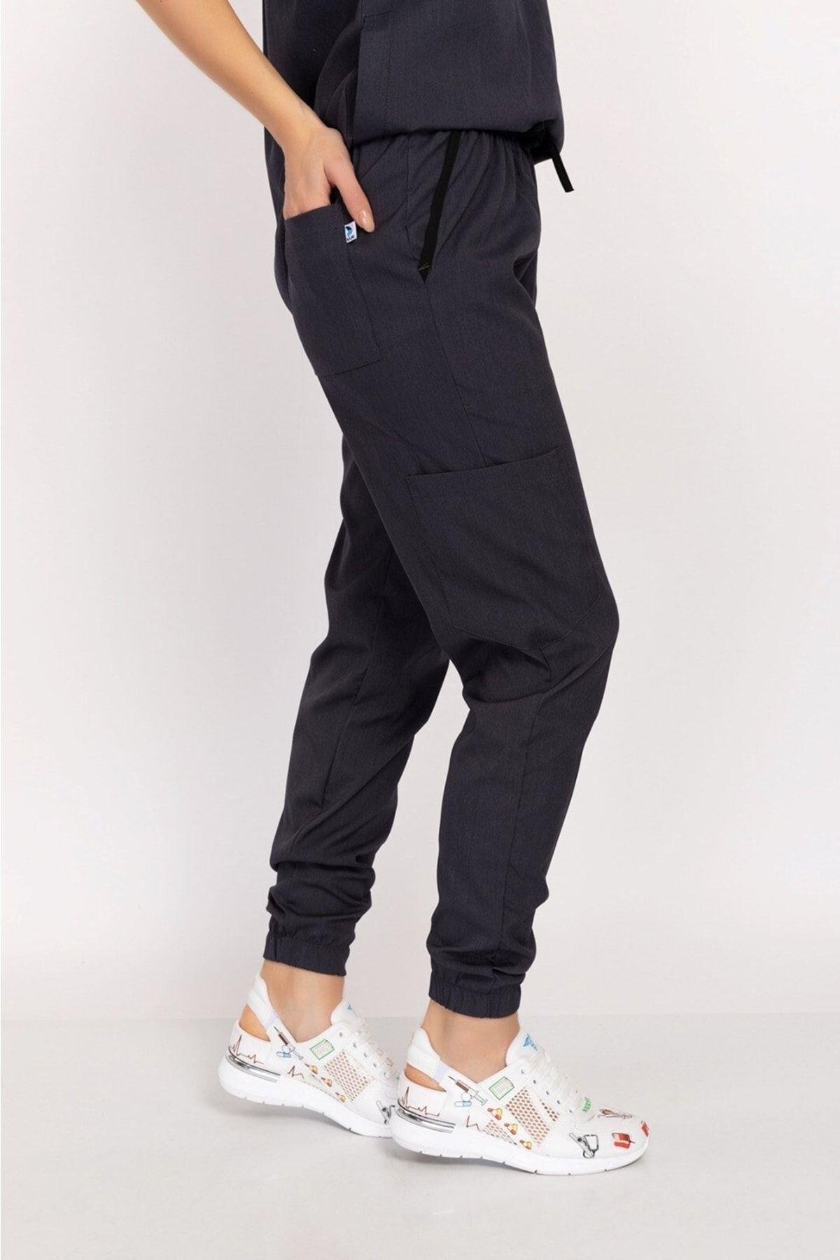 Antrasit Renk Çıt Çıtlı Hakim Yaka Soft Likra Doktor, Hemşire, Hastane, Nöbet Forma Takım-Nur Medikal Giyim