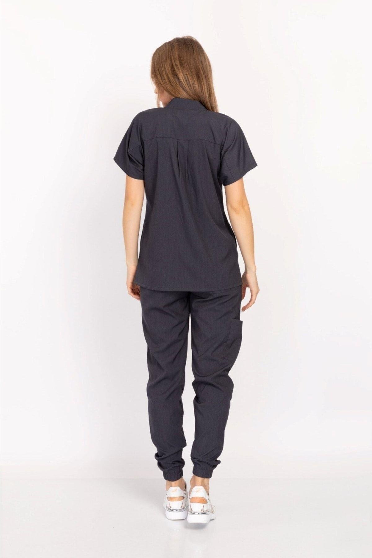 Antrasit Renk Çıt Çıtlı Hakim Yaka Soft Likra Doktor, Hemşire, Hastane, Nöbet Forma Takım-Nur Medikal Giyim