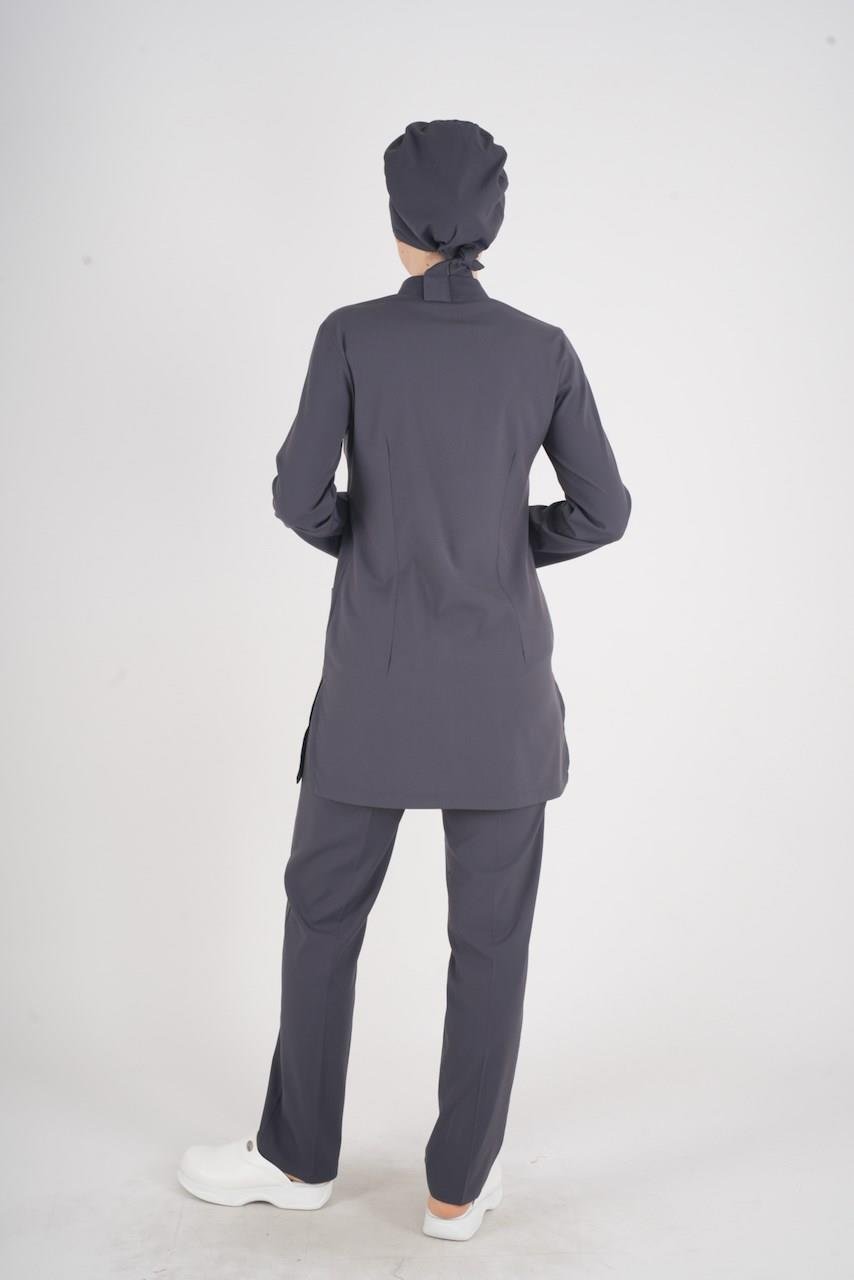 Antrasit Renk Sakura Model Tesettür Doktor Hemşire Scrubs Üniforma Takımı-Nur Medikal Giyim