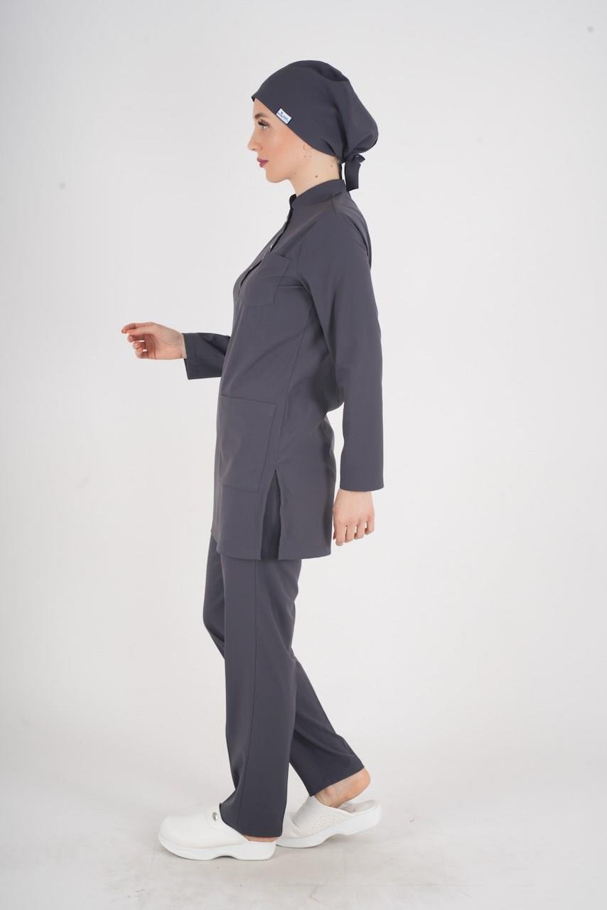 Antrasit Renk Sakura Model Tesettür Doktor Hemşire Scrubs Üniforma Takımı-Nur Medikal Giyim