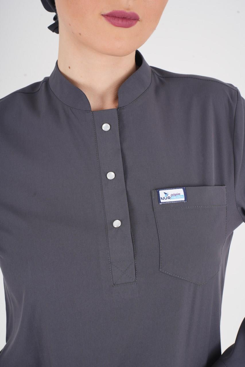 Antrasit Renk Sakura Model Tesettür Doktor Hemşire Scrubs Üniforma Takımı-Nur Medikal Giyim