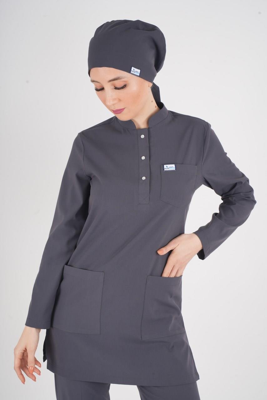 Antrasit Renk Sakura Model Tesettür Doktor Hemşire Scrubs Üniforma Takımı-Nur Medikal Giyim
