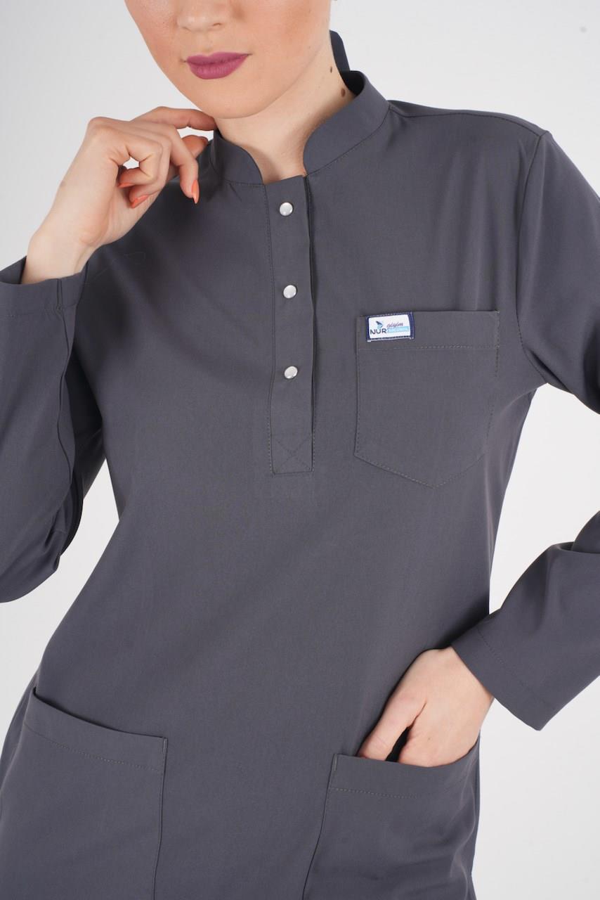 Antrasit Renk Sakura Model Tesettür Doktor Hemşire Scrubs Üniforma Takımı-Nur Medikal Giyim