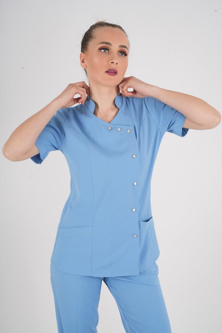 Aylu Model Soft Likra Bebe Mavisi Doktor Hemşire Hastane Scrubs Üniforma Takımı-Nur Medikal Giyim