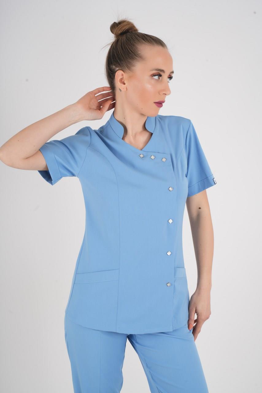 Aylu Model Soft Likra Bebe Mavisi Doktor Hemşire Hastane Scrubs Üniforma Takımı-Nur Medikal Giyim