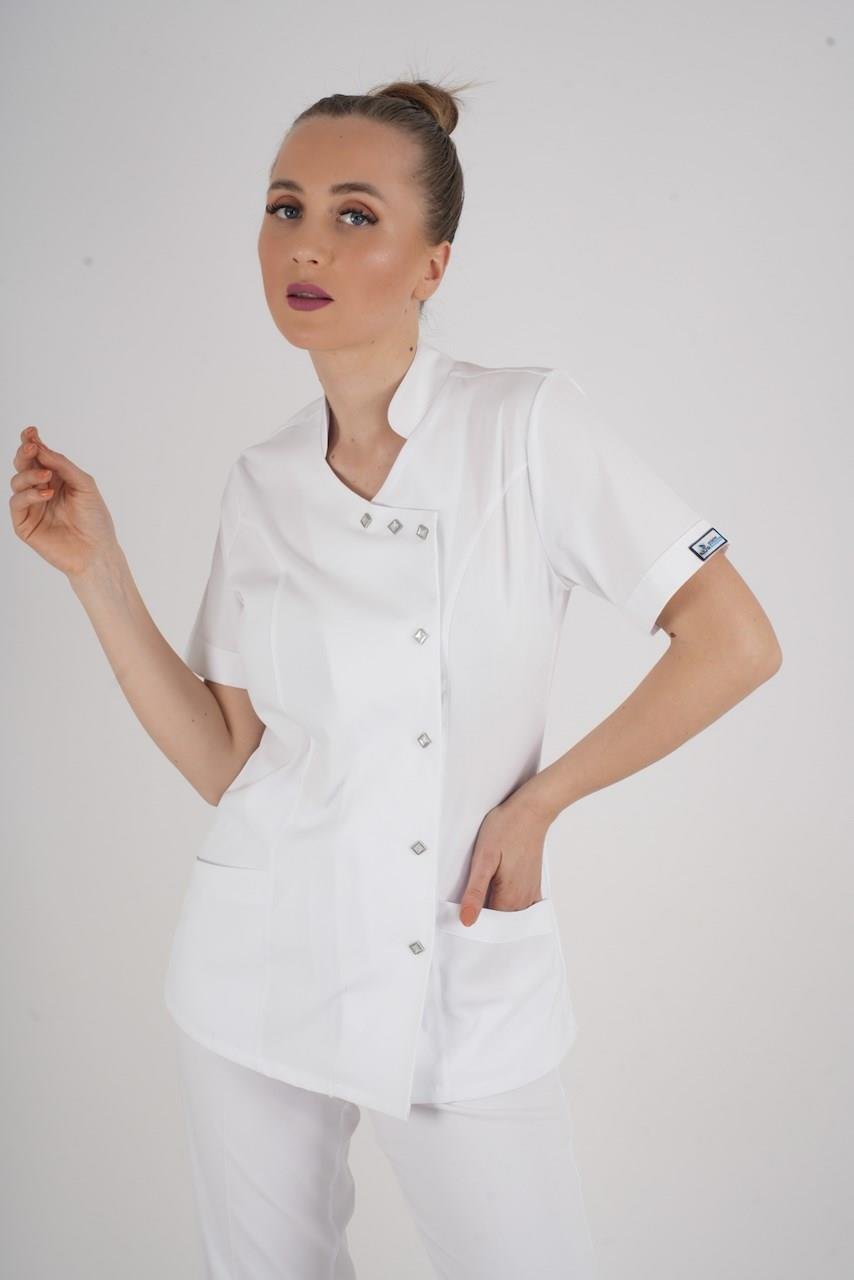 Aylu Model Soft Likra Beyaz Doktor Hemşire Hastane Scrubs Üniforma Takımı-Nur Medikal Giyim