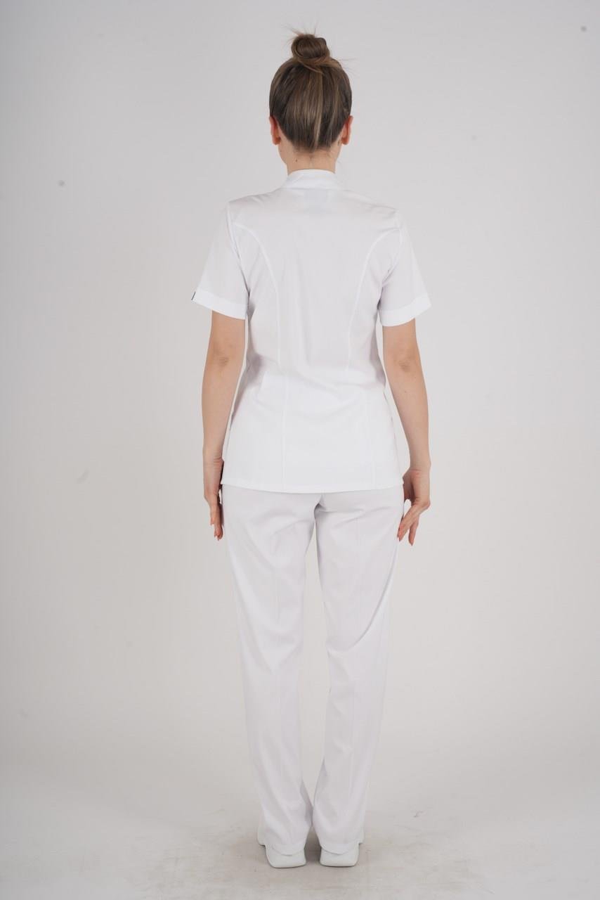 Aylu Model Soft Likra Beyaz Doktor Hemşire Hastane Scrubs Üniforma Takımı-Nur Medikal Giyim