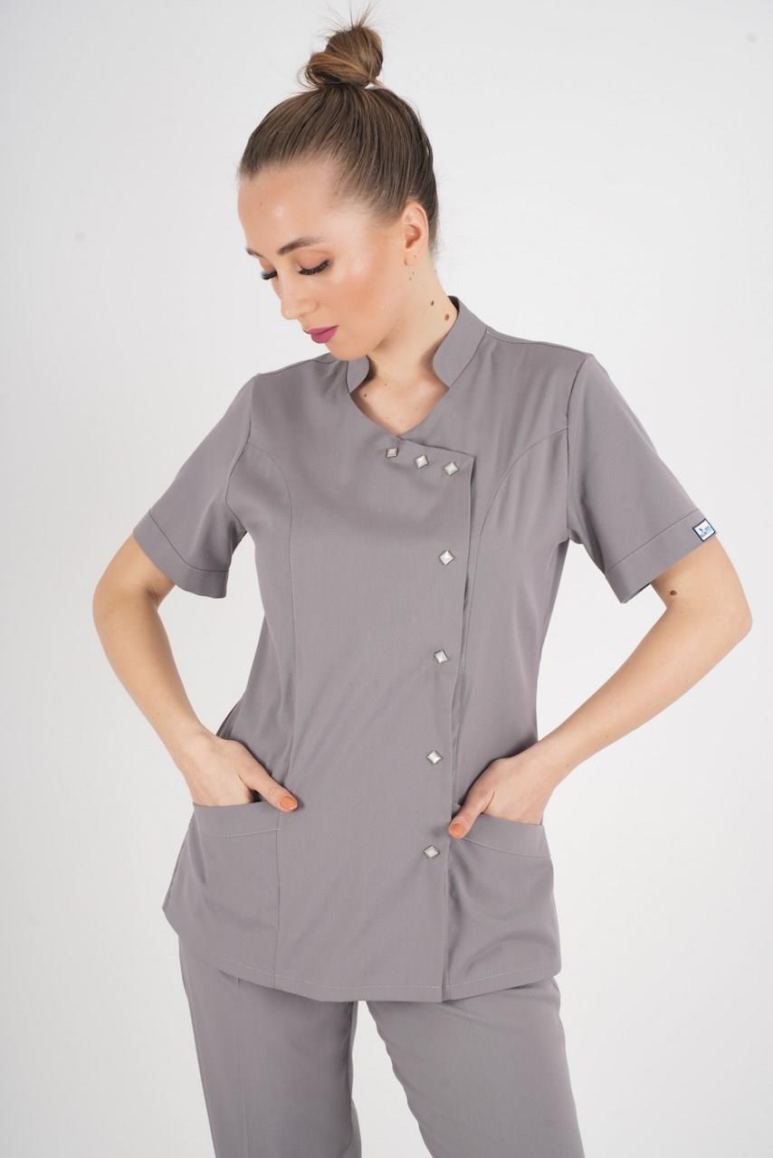 Aylu Model Soft Likra Gri Doktor Hemşire Hastane Scrubs Üniforma Takımı-Nur Medikal Giyim