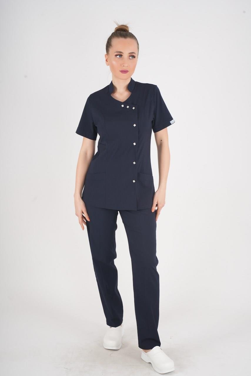 Aylu Model Soft Likra Lacivert Doktor Hemşire Hastane Scrubs Üniforma Takımı-Nur Medikal Giyim