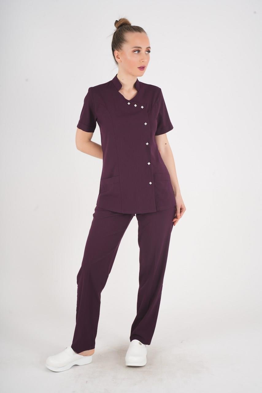 Aylu Model Soft Likra Mürdüm Doktor Hemşire Hastane Scrubs Üniforma Takımı-Nur Medikal Giyim