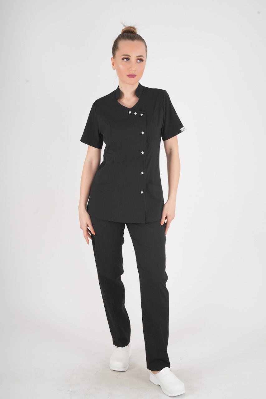 Aylu Model Soft Likra Siyah Hemşire Doktor Aşçı Scrubs Üniforma Takımı-Nur Medikal Giyim