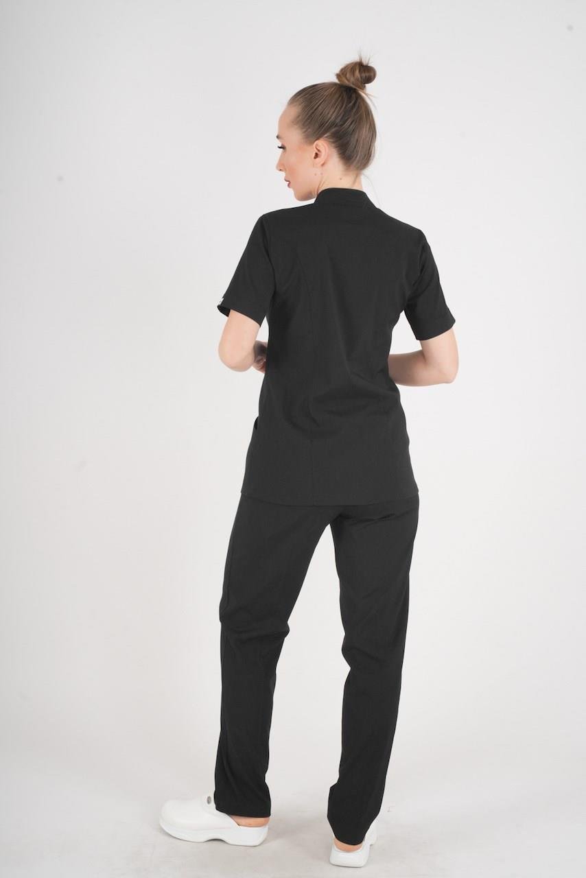 Aylu Model Soft Likra Siyah Hemşire Doktor Aşçı Scrubs Üniforma Takımı-Nur Medikal Giyim