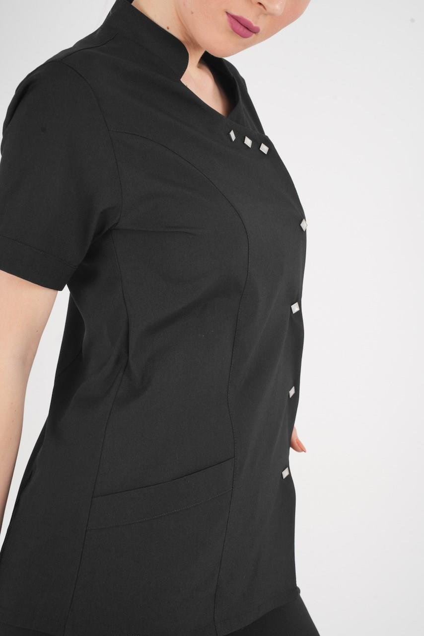 Aylu Model Soft Likra Siyah Hemşire Doktor Aşçı Scrubs Üniforma Takımı-Nur Medikal Giyim